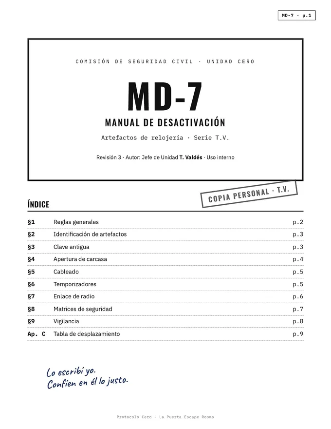 Portada del manual de desactivación MD-7, impreso